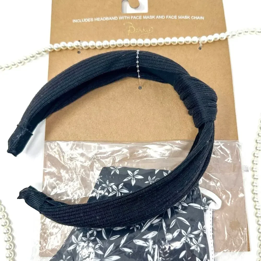Berry Knotted Headband, Patterned Mask, and Pearl Mask Chain, Brand New